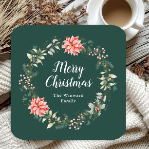 Röd Poinsettia Krans God Jul Underlägg Papper Kvadrat