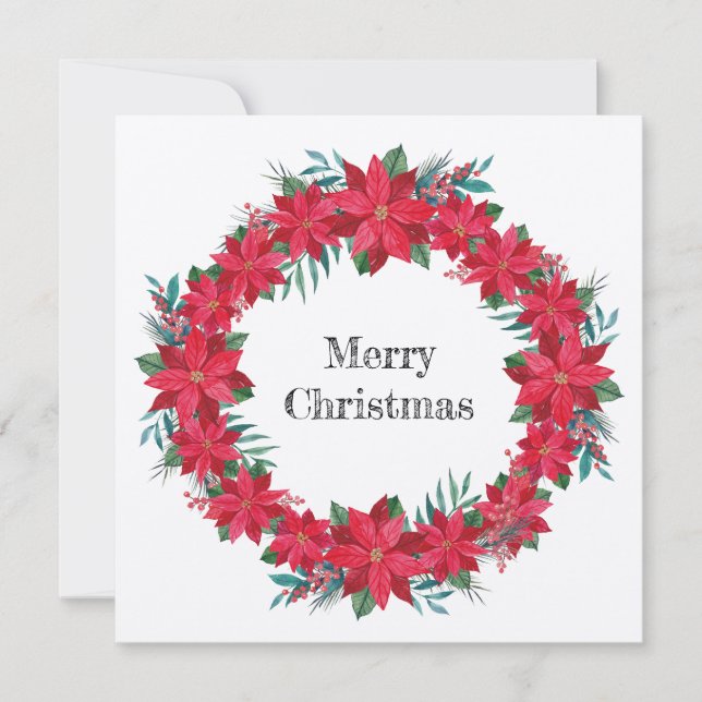 Röd Poinsettia Krans Julkort (Framsida)