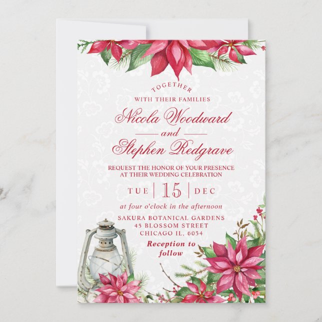 Röd Poinsettia & Lykta Vinterbröllop Inbjudningar (Framsida)