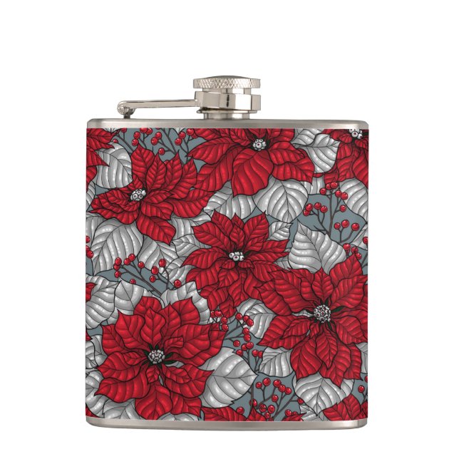 Röd poinsettia och bär, juldesign fickplunta (Framsidan)