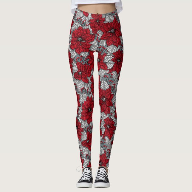 Röd poinsettia och bär, juldesign leggings (Framsida)