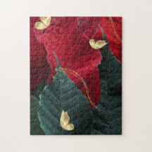Röd Poinsettia och Guld Fjärilar Pussel