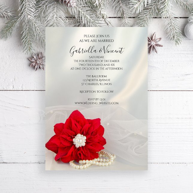 Röd Poinsettia och vita pärlor Vinterbröllop Inbjudningar (Set the tone for your wintery marriage with the elegant Poinsettia and Pearls Wedding Invitation.)