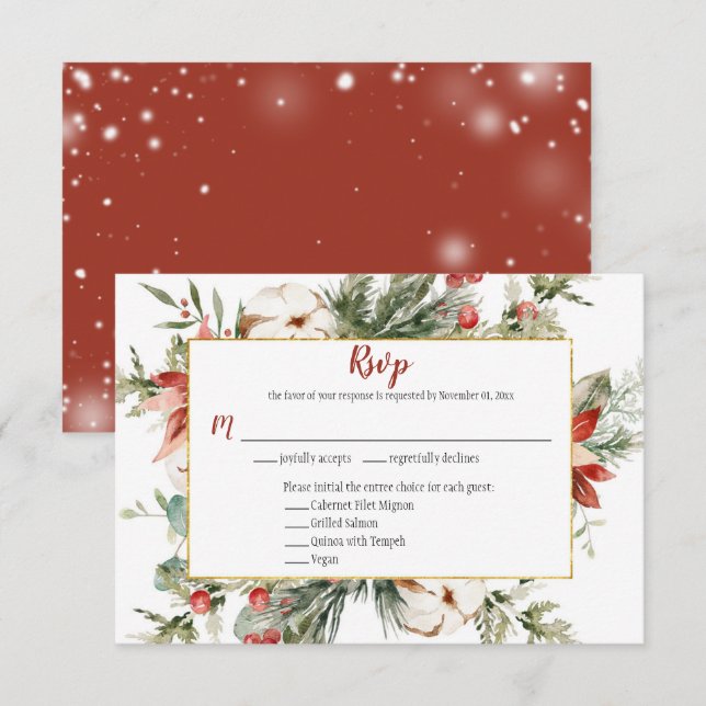Röd Poinsettia Ständigt grön Jul Gold RSVP OSA Kort (Fram/baksida)