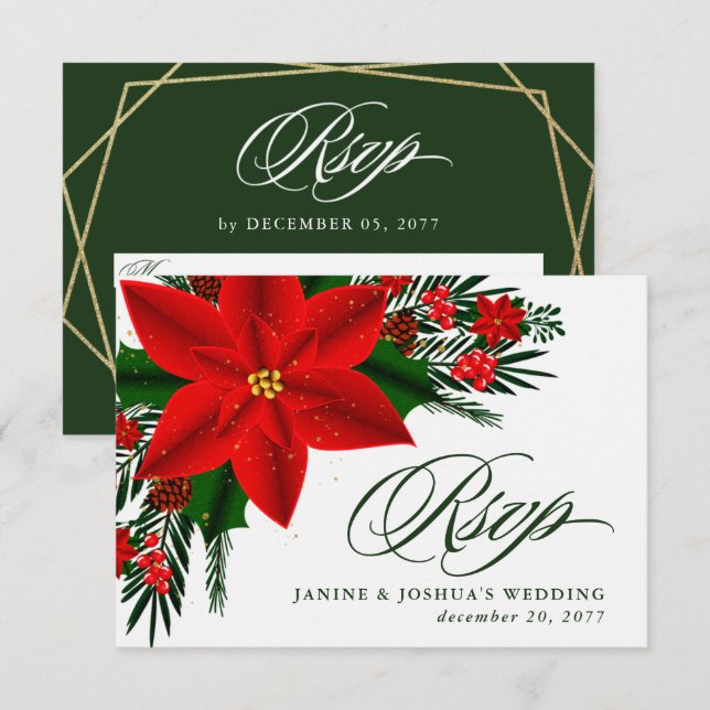 Röd Poinsettia Tallgrönska Jul Bröllop OSA Kort (Fram/baksida)