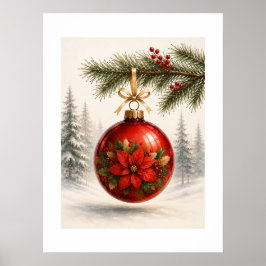 Röd Poinsettia-utsmyckning på tall Poster