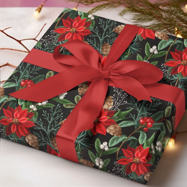 Röd Poinsettia Vinterblommig Julmönster Presentpapper (Skapare uppladdad)