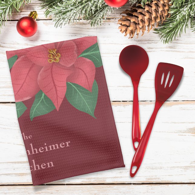 Röd poinsettias Family Helgdag Decor Kökshandduk (Watercolor Red Poinsettias Family Holiday Decor Kitchen Towel)
