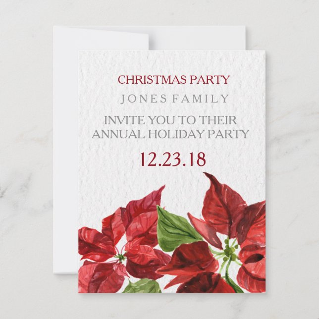 röd pointsetter för vattenfärg för julparty inbjudningar (Framsida)