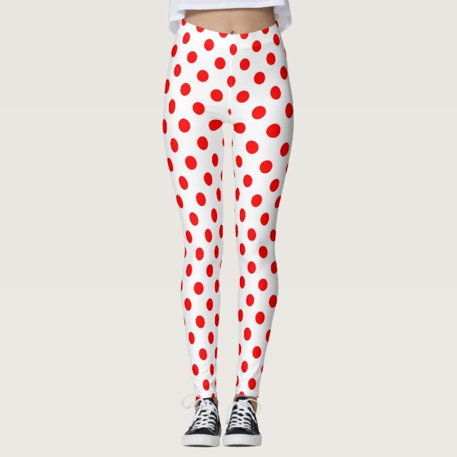 Röd Polka dots i vit bakgrund Leggings (Framsida)