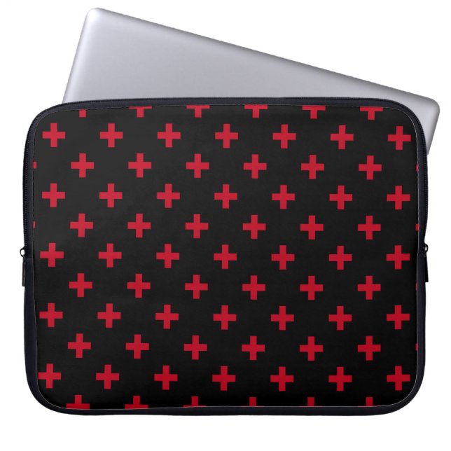 Röd polka kor på svart laptop fodral (Framsidan)