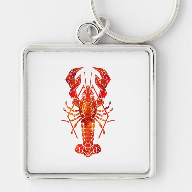 Röd polygonal hummer fyrkantig silverfärgad nyckelring (Framsidan)