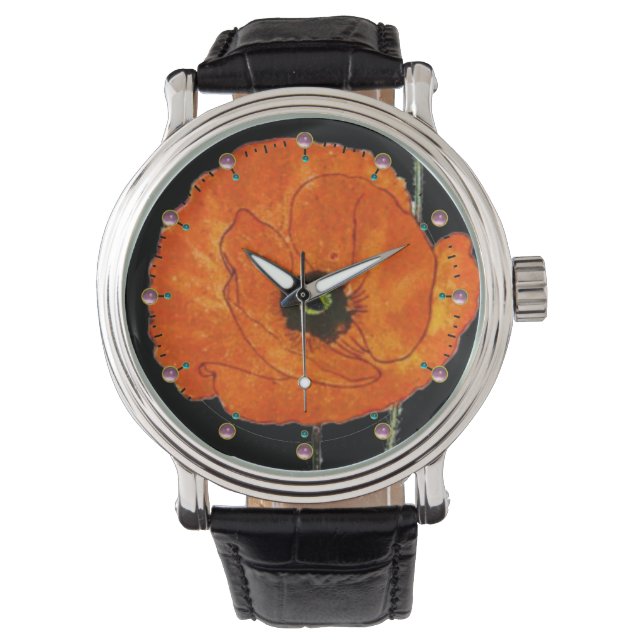 RÖD POPPI I SVART MED GEMSTONER ARMBANDSUR (Framsida)