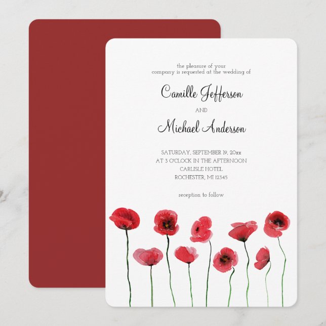 Röd poppies bröllopsinbjudan inbjudningar (Fram/baksida)
