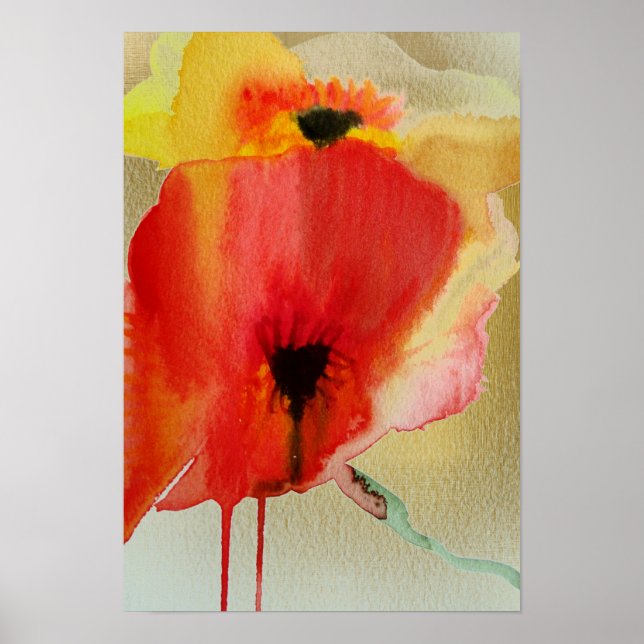 Röd poppies - flytande vattenfärg modern blomma poster (Framsidan)