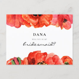 Röd poppies vattenfärg Bridesmaid frieri Vykort