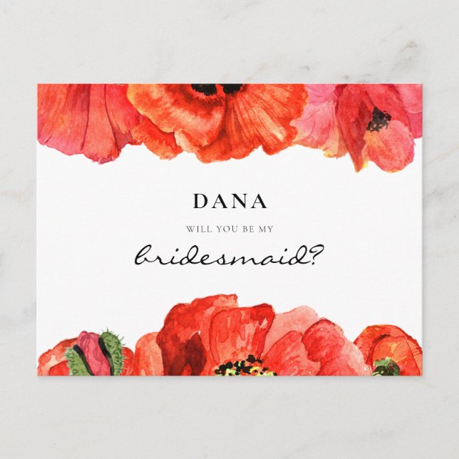 Röd poppies vattenfärg Bridesmaid frieri Vykort (Framsida)