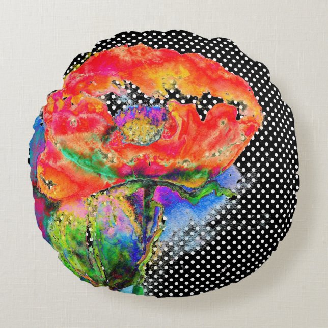 Röd poppy-blommigtens vattenfärgspolka punktaccent rund kudde (Framsidan)