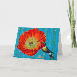 RÖD POPY MED HUMINGBIRD BLANK NOTECKNING TACK KORT