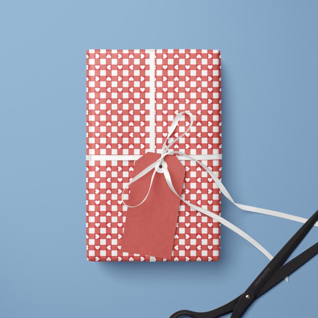 Röd Preppy Gingham Hjärtan- Rull med Inpackningspa Presentpapper (Skapare uppladdad)