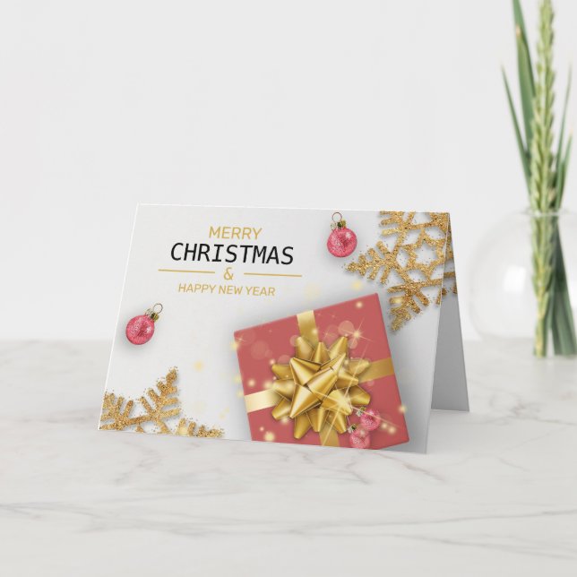 Röd presentlåda julgranskulor guld snöflingor kort (Framsida)