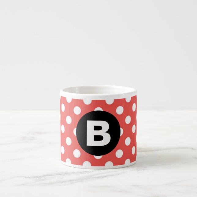 Röd prickig mönster svart monogram espressomugg (Framsidan)