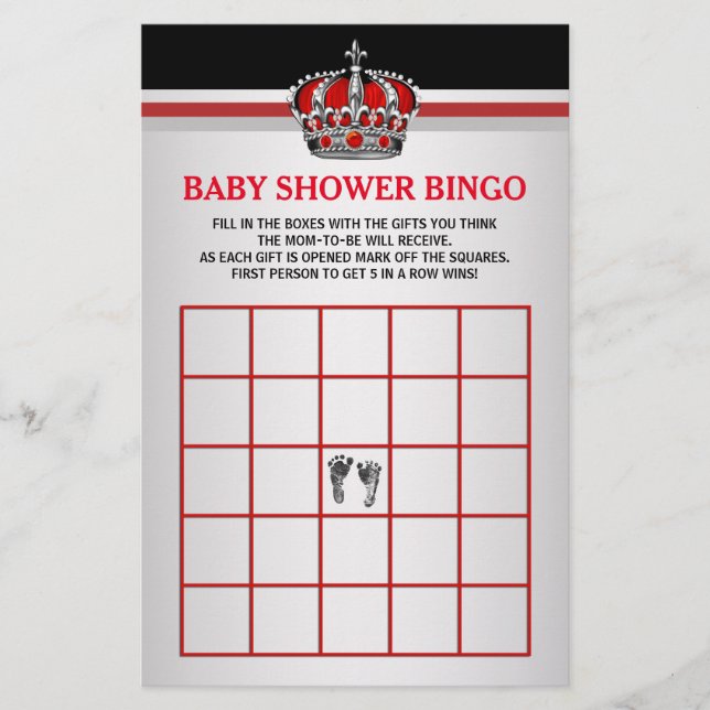 Röd prins baby bingo baby shower bingo kort (Framsida)