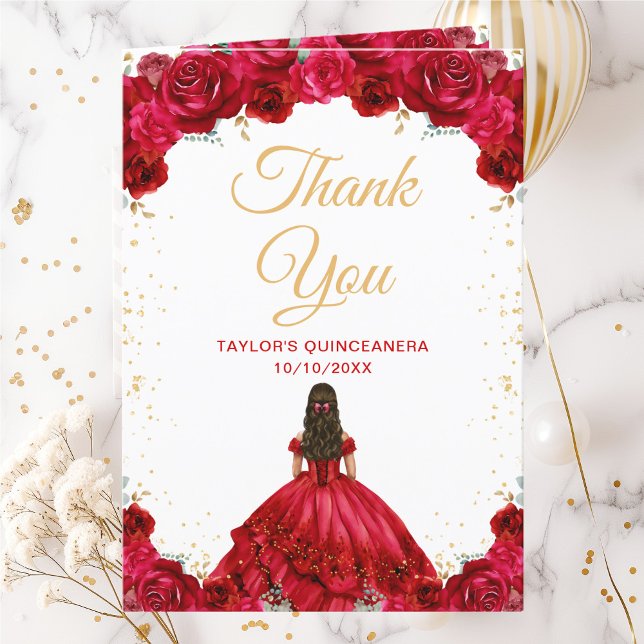 Röd Prinsessa Blommig Quinceañera Tack Kort (Skapare uppladdad)