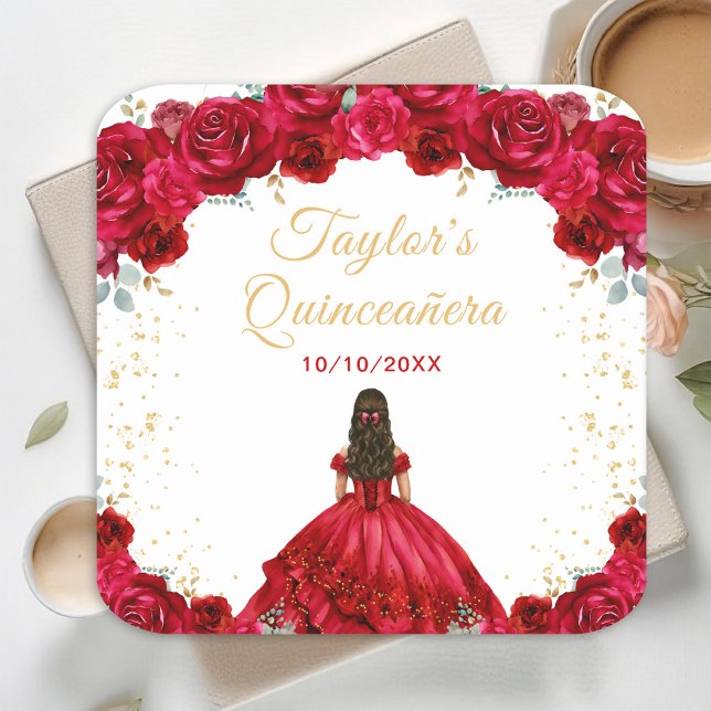 Röd Prinsessa Blommig Quinceañera Underlägg Papper Kvadrat (Skapare uppladdad)