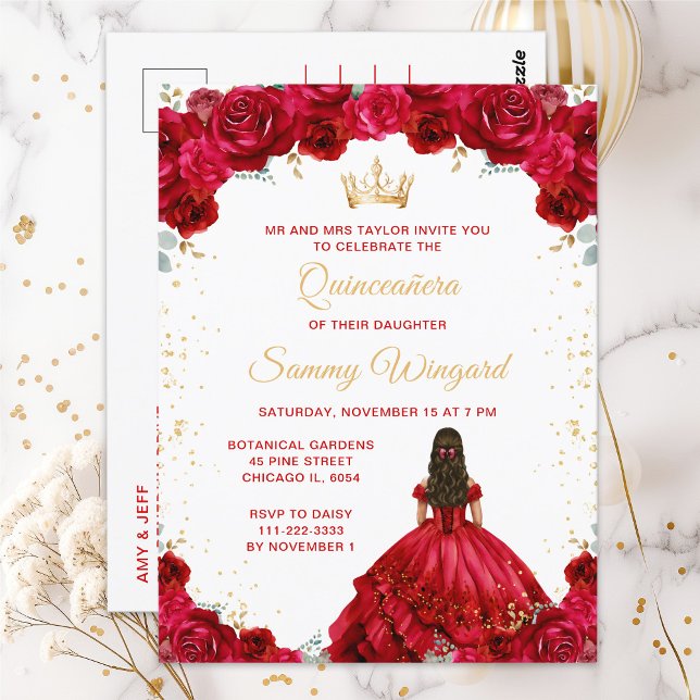 Röd Prinsessa Blommig Quinceañera Vykort (Skapare uppladdad)