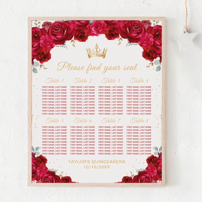 Röd prinsessa Quinceañera Bordplacering för 8 bord Poster (Skapare uppladdad)