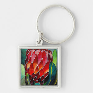Röd Protea-blomma original akvarellkonst Fyrkantig Silverfärgad Nyckelring
