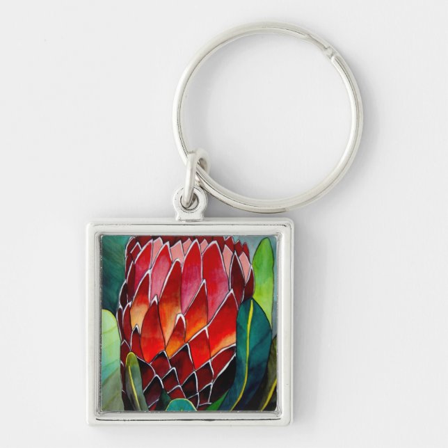 Röd Protea-blomma original akvarellkonst Fyrkantig Silverfärgad Nyckelring (Framsidan)