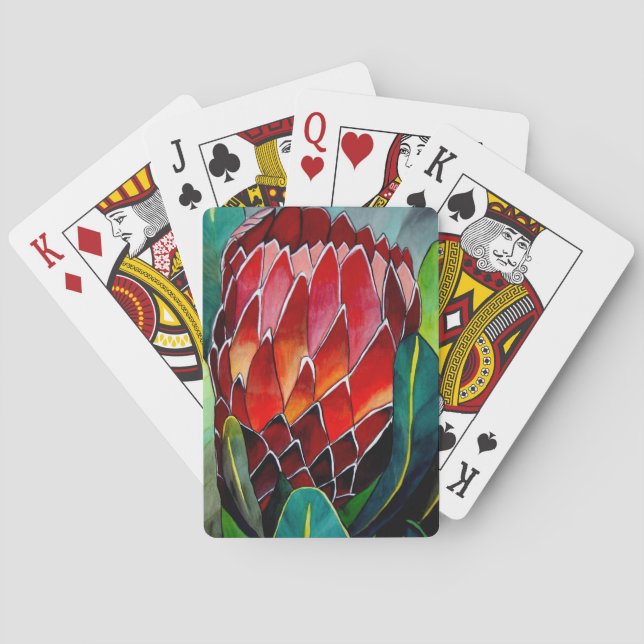 Röd protea-blommans ursprungliga vattenfärgskonst kortlek (Baksidan)