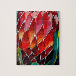 Röd protea-blommans ursprungliga vattenfärgskonst pussel