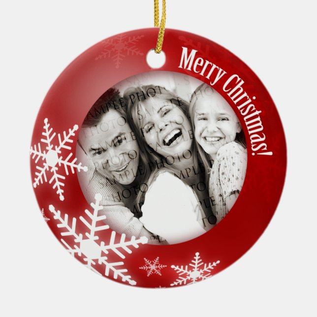 Röd prydnad för julsnöflingorfoto julgransprydnad keramik (Framsidan)