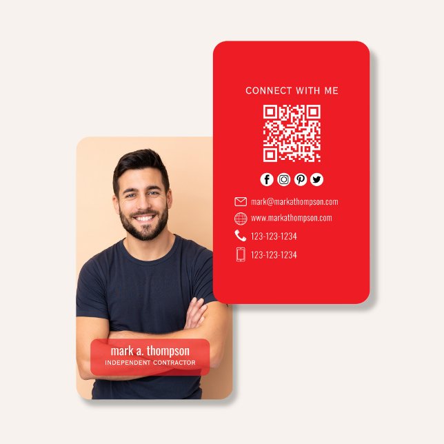 Röd QR-kod Foto Anslut Modern Minimalism Visitkort (Modern photo business card with QR code in bright red minimalist design)