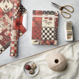 Röd Quilt Rutig Cottagecore Blommig Presentpapper