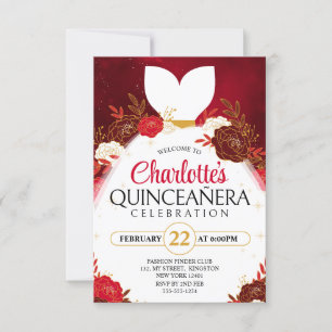 Röd Quinceanera Blommig Vit Prinsessa Klänning Inbjudningar