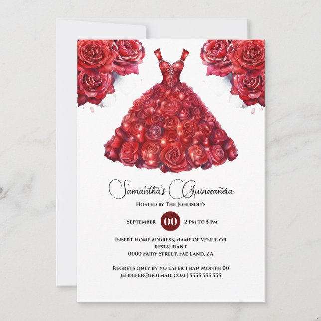 Röd Quinceañera-bollklänning elegant rosblomma 15- Inbjudningar (Framsida)