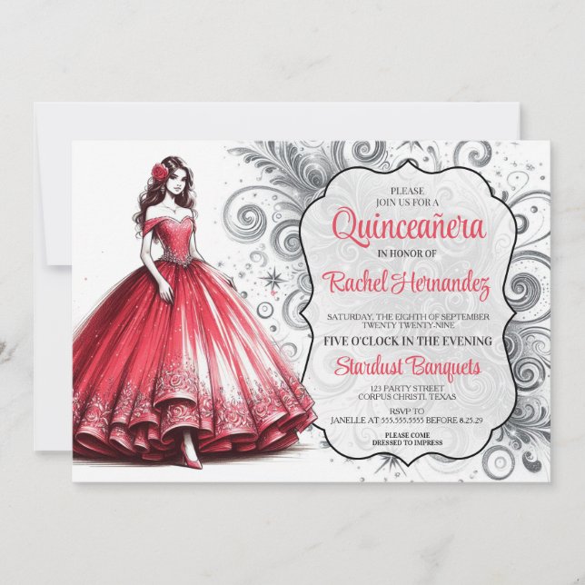 Röd Quinceañera-flicka Inbjudningar (Framsida)