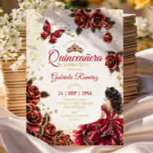 Röd Quinceañera Guld Tiara Rosor Fjärilar