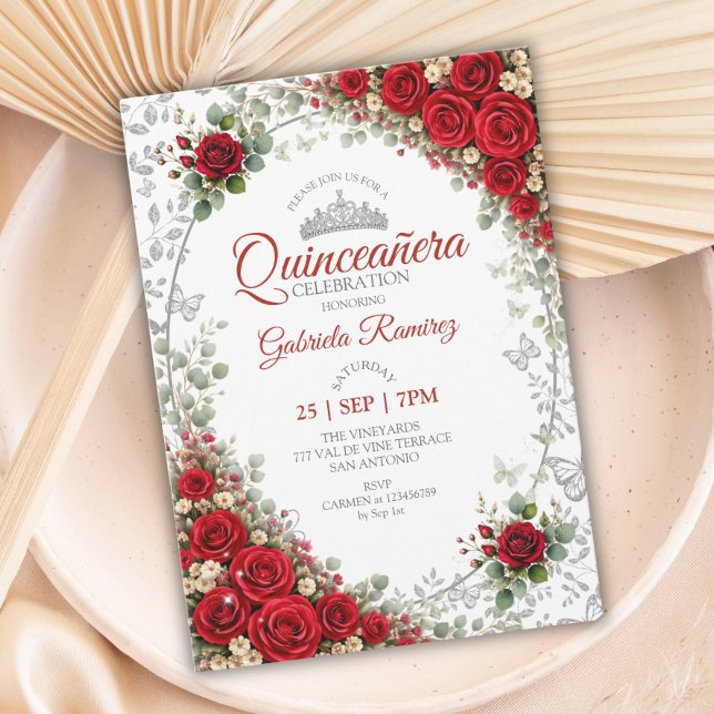 Röd Quinceañera Silverfjärilar Rosor Inbjudningar (Skapare uppladdad)
