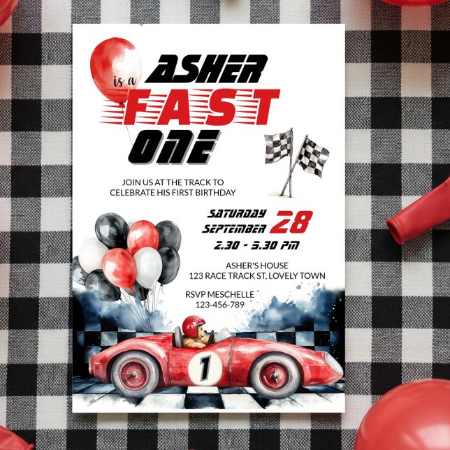 Röd racerbil Snabb etta 1-års födelsedag Inbjudningar (Fast One 1st birthday invitation with red racing car )