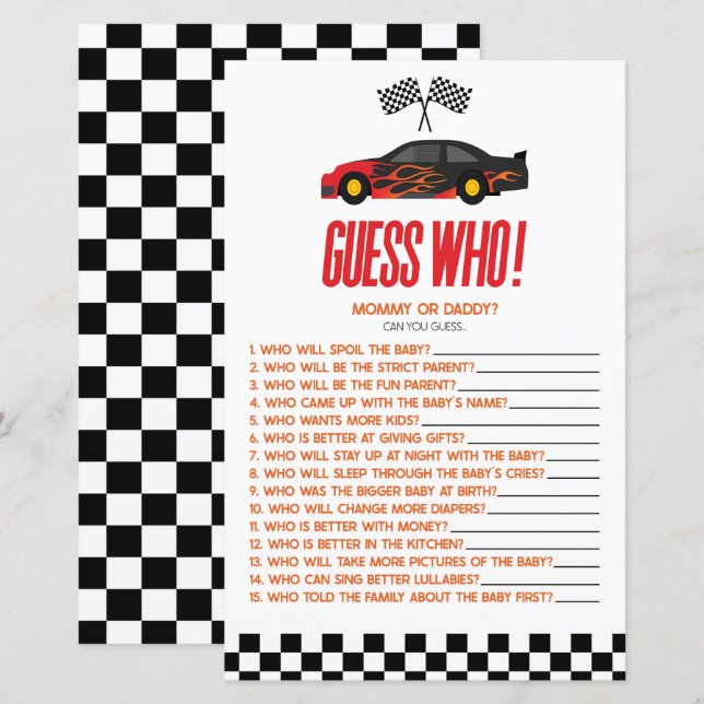Röd Racingbil Gissa Vem Baby Shower Spel (Fram/baksida)