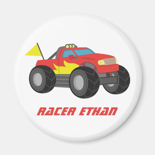 Röd racingmonstertruck personlig magnet (Framsidan)
