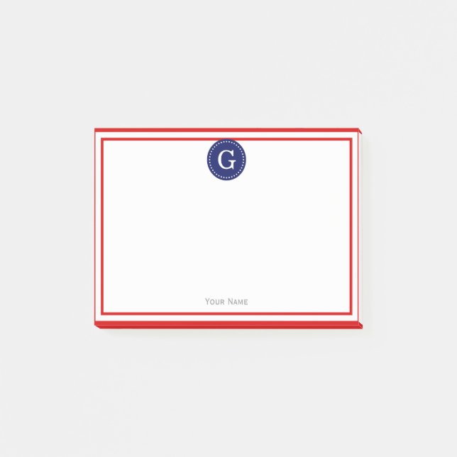 Röd ram, rund marin 1 I-monogram Post-it Block (Framsida)