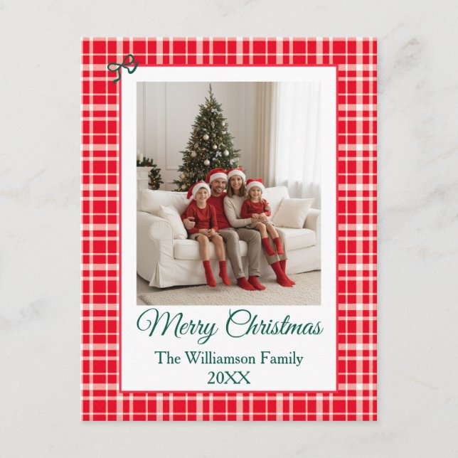 Röd randig gingham Merry Christmas Foto Tilläggskort (Framsida)