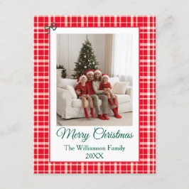 Röd randig gingham Merry Christmas Foto Tilläggskort