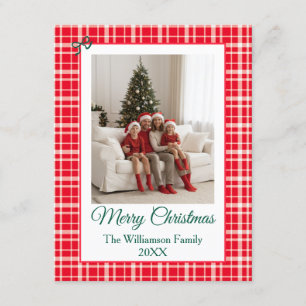 Röd randig gingham Merry Christmas Foto Tilläggskort